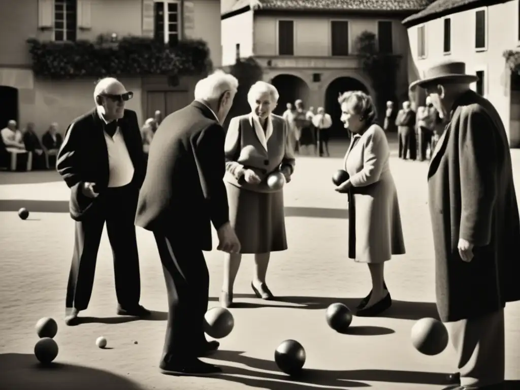 Un emocionante juego de petanca en una plaza francesa con un ambiente nostálgico y cultural. <b>Símbolo cultural francés juego petanca.