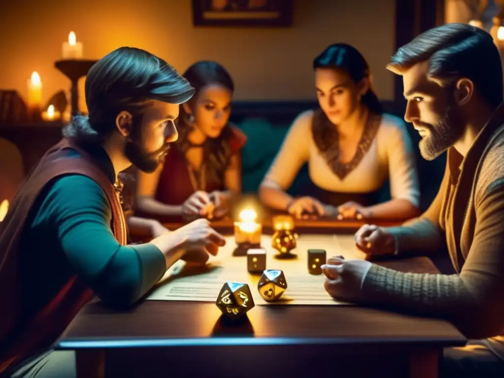 Un emocionante juego de rol entre amigos, con figuras de juegos de rol en una mesa iluminada por velas. <b>La camaradería es palpable.