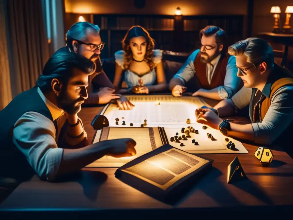 Un emocionante juego de rol con narrativa interactiva, ambientado en una mesa vintage con jugadores inmersos en la partida.