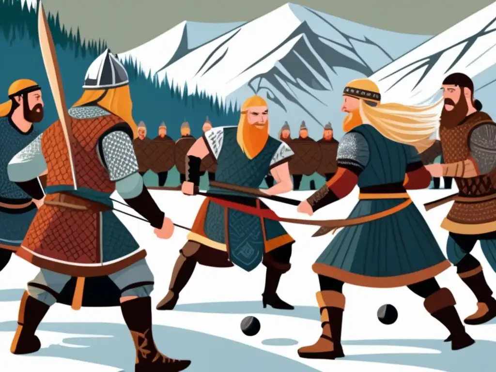 Un emocionante juego de knattleikr en la era vikinga, con paisajes nórdicos y vestimenta detallada.
