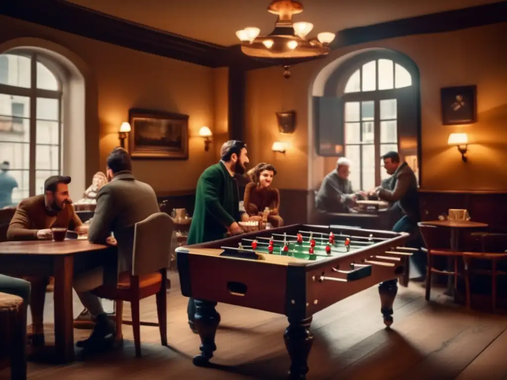 Un emocionante partido de futbol de mesa en un acogedor café europeo vintage, evocando la historia del futbol de mesa.