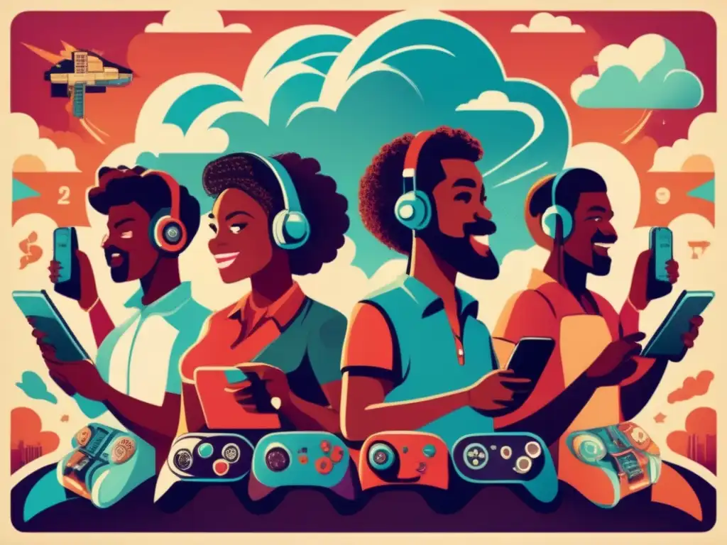 Un emocionante póster vintage ilustra a personas de todo el mundo jugando videojuegos juntos, con un impacto de la computación en la nube en los juegos.