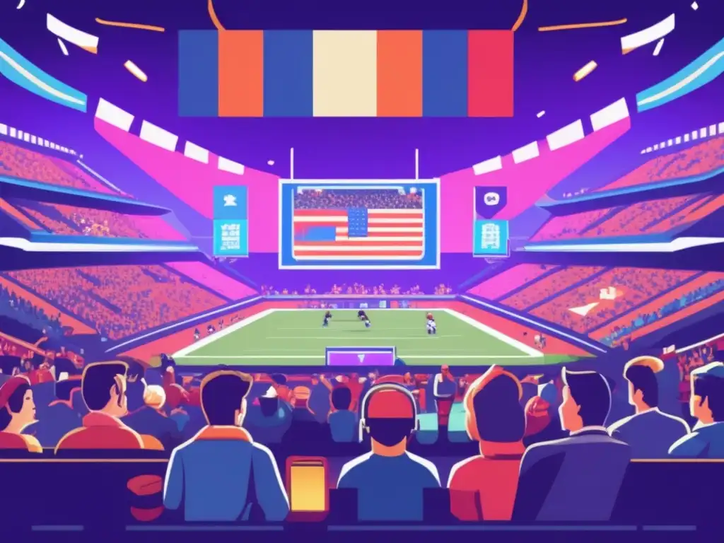 Un emocionante torneo de esports en un estadio vintage evoca el impacto cultural de los esports con una estética nostálgica y pixelada.