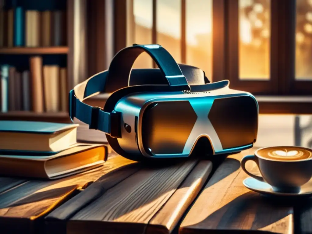 Un entorno nostálgico con un auricular de realidad virtual, libros antiguos y una taza de café humeante. <b>Monetización en la Realidad Virtual.