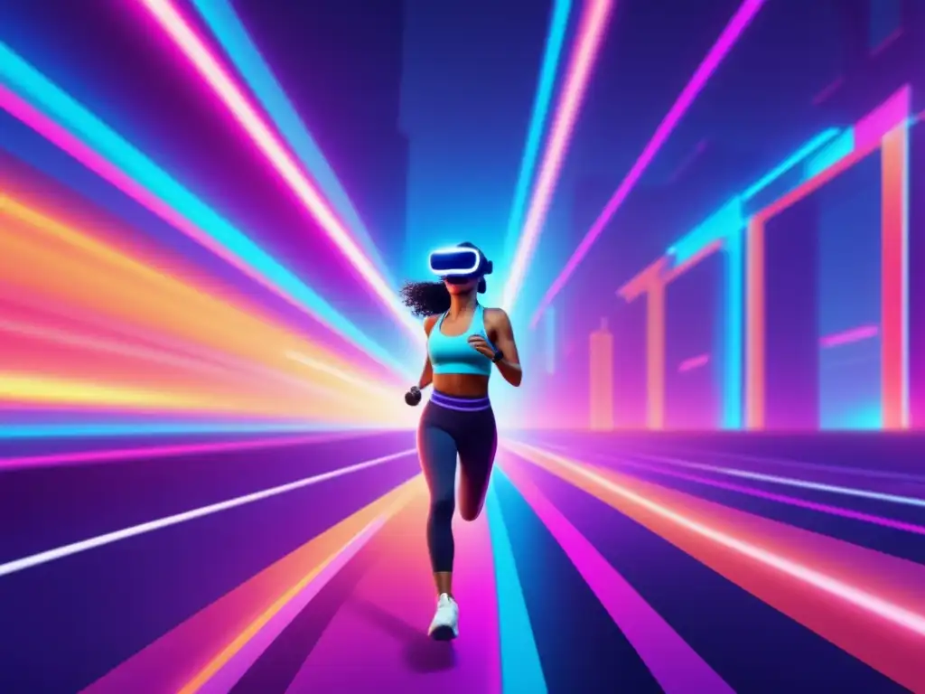 Un entrenamiento de Realidad Virtual fitness en un entorno futurista, con una estética vintage y tecnología avanzada.