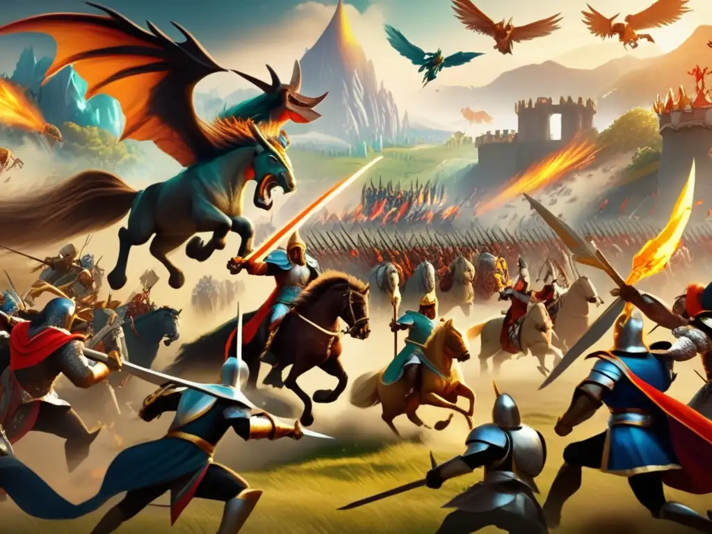 Una épica batalla en Heroes of Might and Magic con criaturas míticas, héroes y hechizos, evocando historia y cultura en juegos de estrategia.