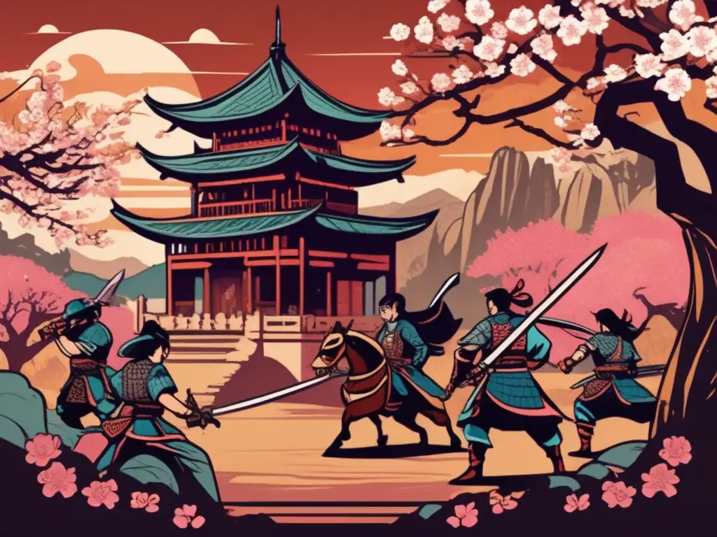 Un épico enfrentamiento de personajes de juegos de rol occidentales en un escenario oriental, con armaduras detalladas y armas fantásticas. <b>Influencia cultura oriental juegos rol.