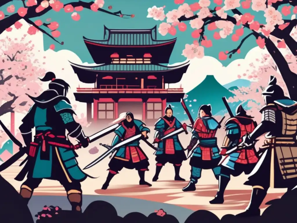 Un épico enfrentamiento entre personajes de fantasía occidentales y arquitectura oriental, con influencia cultura oriental juegos rol.