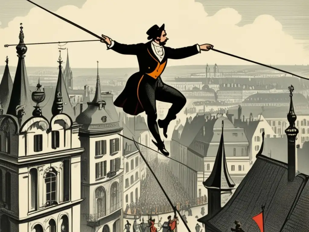 Un equilibrista atraviesa un alambre alto sobre una bulliciosa ciudad europea, capturando la tradición europea de juegos de equilibrio.