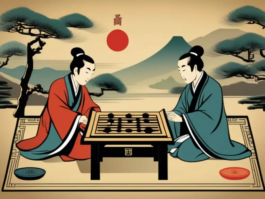 Dos eruditos chinos juegan Weiqi, mostrando la profundidad filosófica del juego de tablero chino en una ilustración vintage.