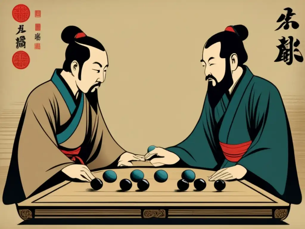 Dos eruditos juegan Weiqi con concentración y estrategia, evocando la filosofía y estrategia del Weiqi en una ilustración vintage.