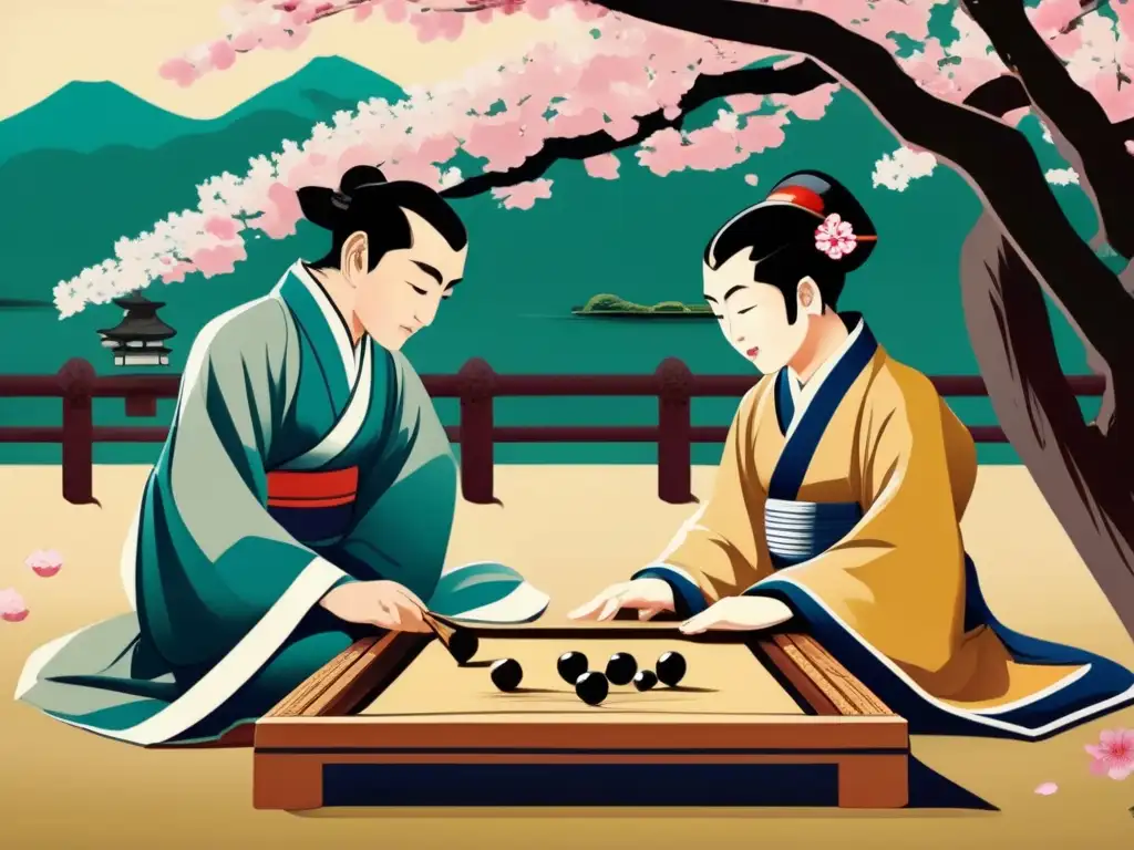 Dos eruditos juegan Go en un jardín tranquilo con árboles de cerezo en flor. <b>Refleja la historia y el impacto cultural del Go.