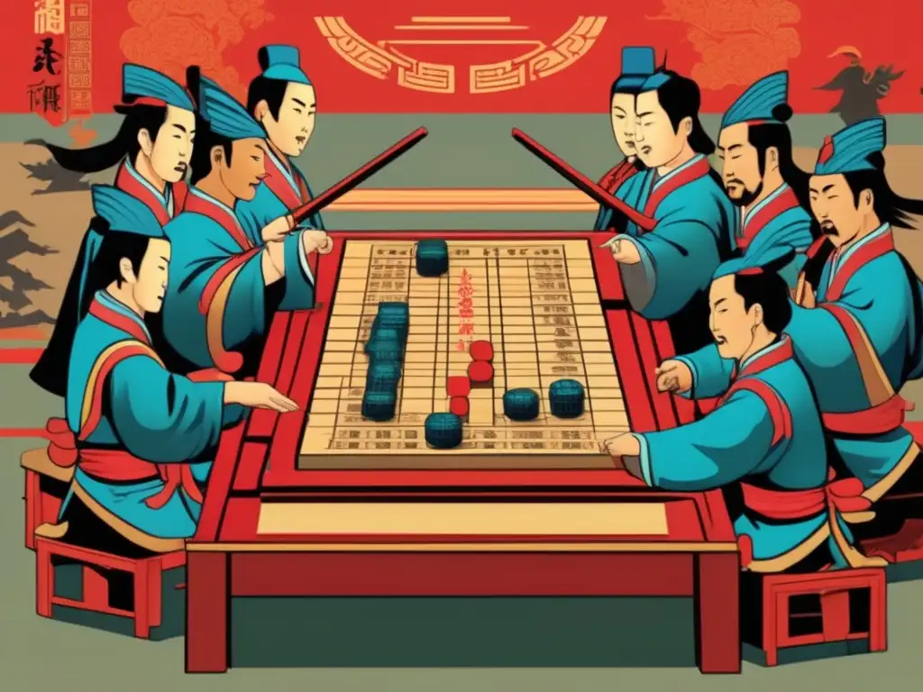 Ilustración vintage de una escena de batalla china con soldados estrategizando en un tablero de Xiangqi. Detalles intrincados y colores vibrantes capturan la historia y estrategia del ajedrez chino.