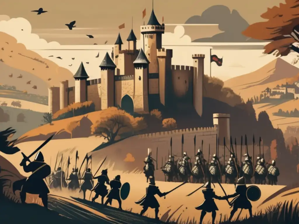 Ilustración vintage de una escena de batalla medieval con detalles intrincados de armaduras, armas y soldados en guerra estratégica, ambientada en un castillo antiguo y colinas. La paleta cálida y textura envejecida evocan historia y tradición, en sintonía con juegos de estrateg