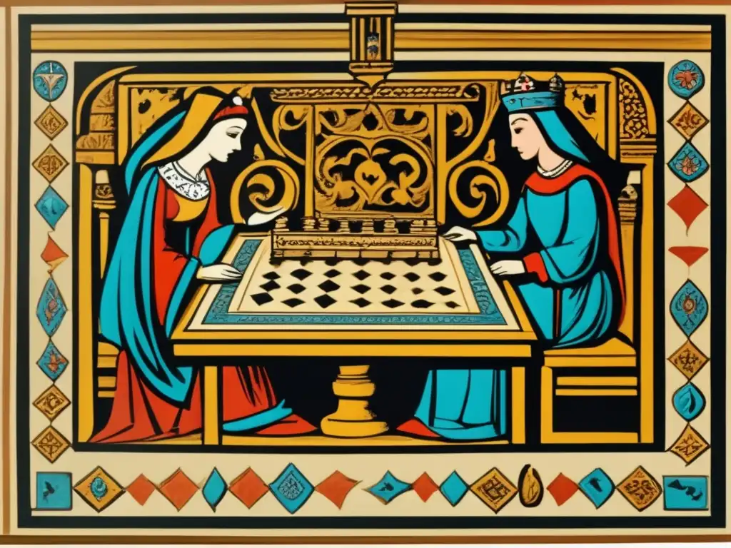 'Una escena medieval de juego de Alquerque en un ambiente noble con origen y evolución del Alquerque'