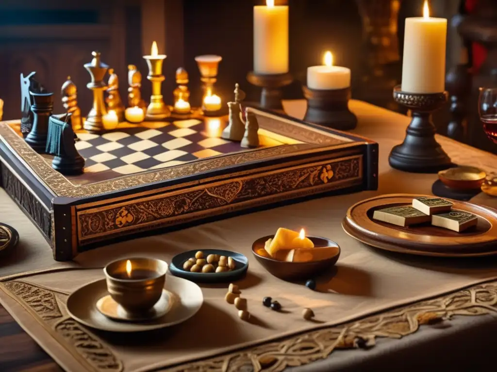 Una escena de mesa de banquetes medievales con juegos de mesa como ajedrez, backgammon y Morris. <b>Jugadores vestidos con atuendos medievales compiten animadamente.</b> <b>Juegos de mesa en la Edad Media.