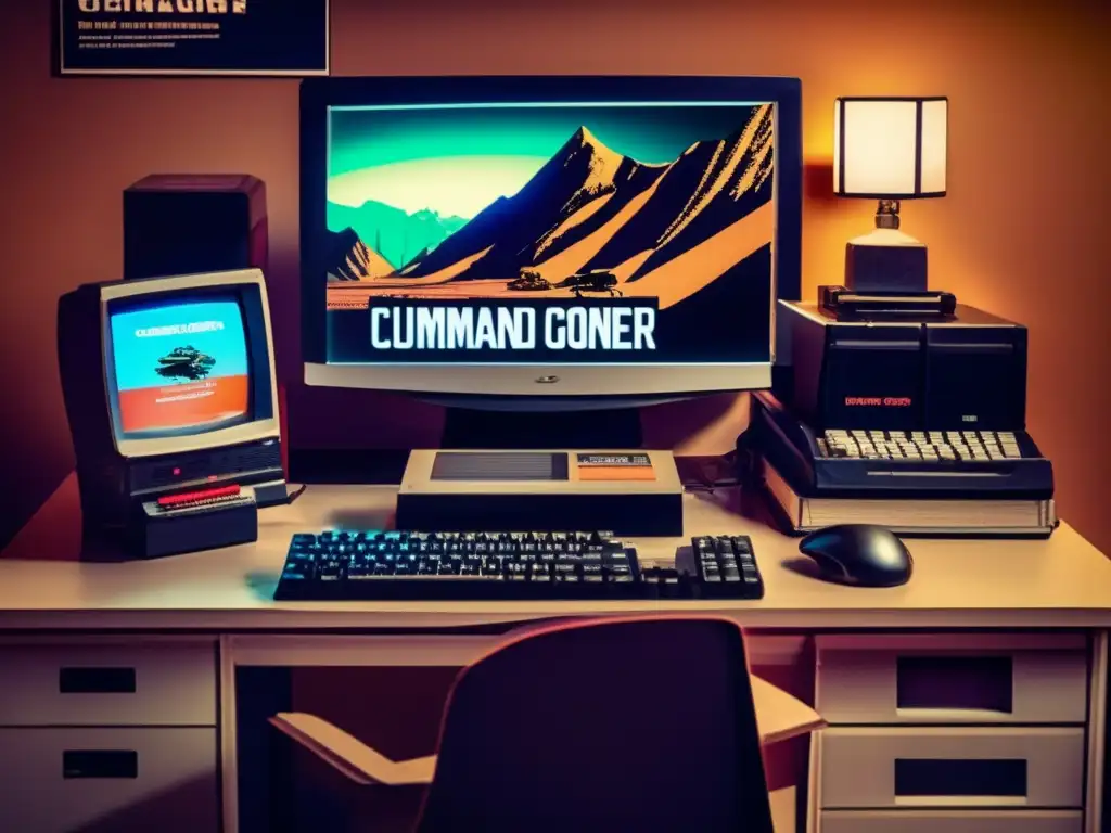 Una escena nostálgica de un escritorio retro con un monitor CRT, teclado mecánico, disquetes y la caja de Command & Conquer. <b>Iluminación cálida y posters de películas de ciencia ficción y álbumes de los 90.</b> <b>Evoca la popularidad de la serie Command & Conquer.