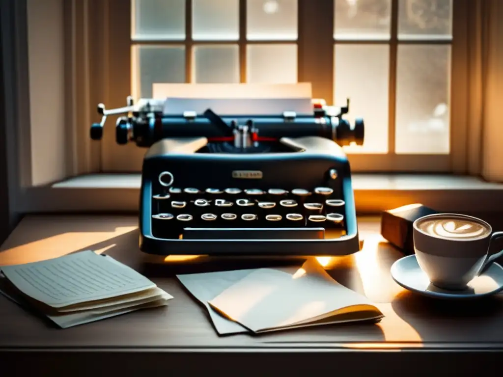 Una escena nostálgica con una máquina de escribir vintage, papeles arrugados y una taza de café. <b>La luz matutina realza los detalles.