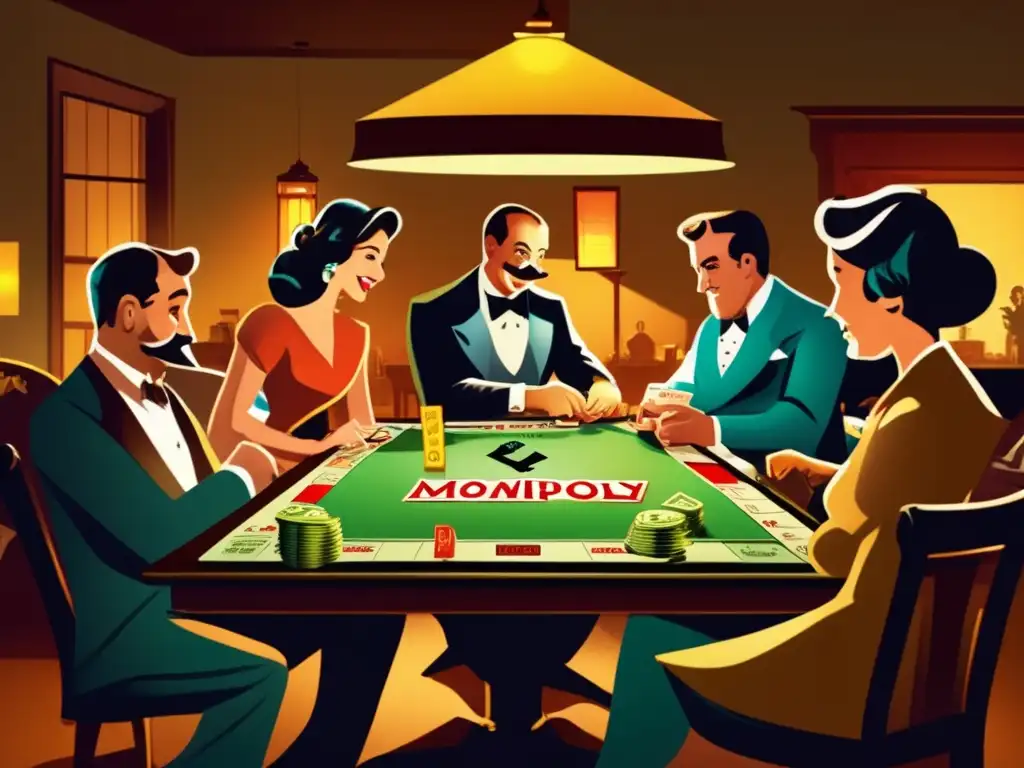 Una escena nostálgica de personas jugando Monopoly en una habitación tenue, con una representación crítica del capitalismo.