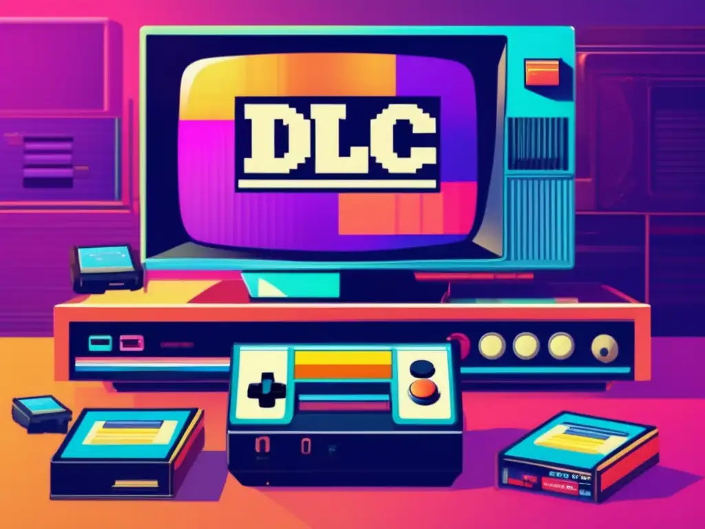 Una escena nostálgica de un videojuego clásico rodeado de expansiones DLC, cartuchos y discos retro, conectado a una TV vintage. <b>Influencia de los DLCs en la industria del juego.