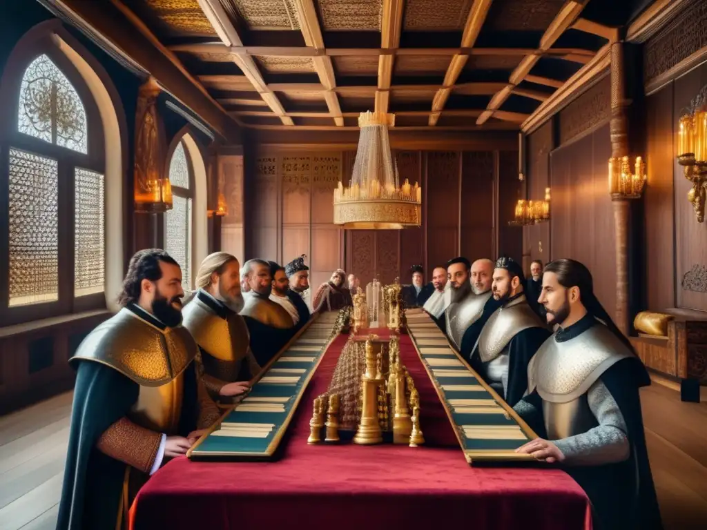 Una escena de opulencia medieval con un juego de ajedrez, reflejando la función social de los juegos de mesa en la nobleza.