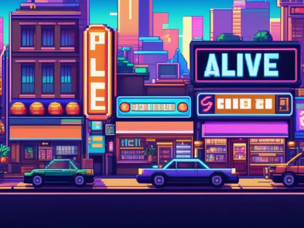 Una escena de pixel art en 8k muestra la evolución del pixel art indie en una bulliciosa calle llena de personajes y letreros de videojuegos retro.