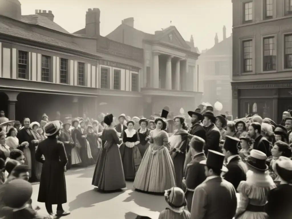 Una escena teatral vintage en una bulliciosa calle de la ciudad, con actores y un público entregado. <b>Conexión juegos rol vivo teatro.