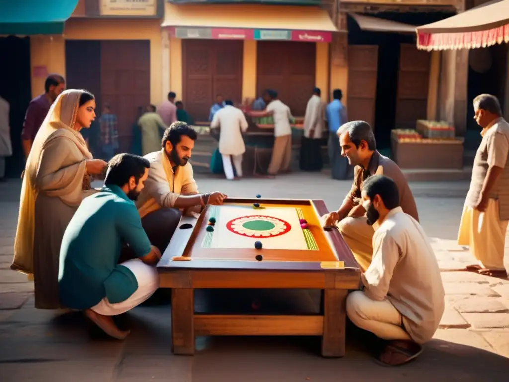 Una escena vibrante en un mercado del Medio Oriente donde un grupo juega carrom. <b>Origen y evolución del carrom.