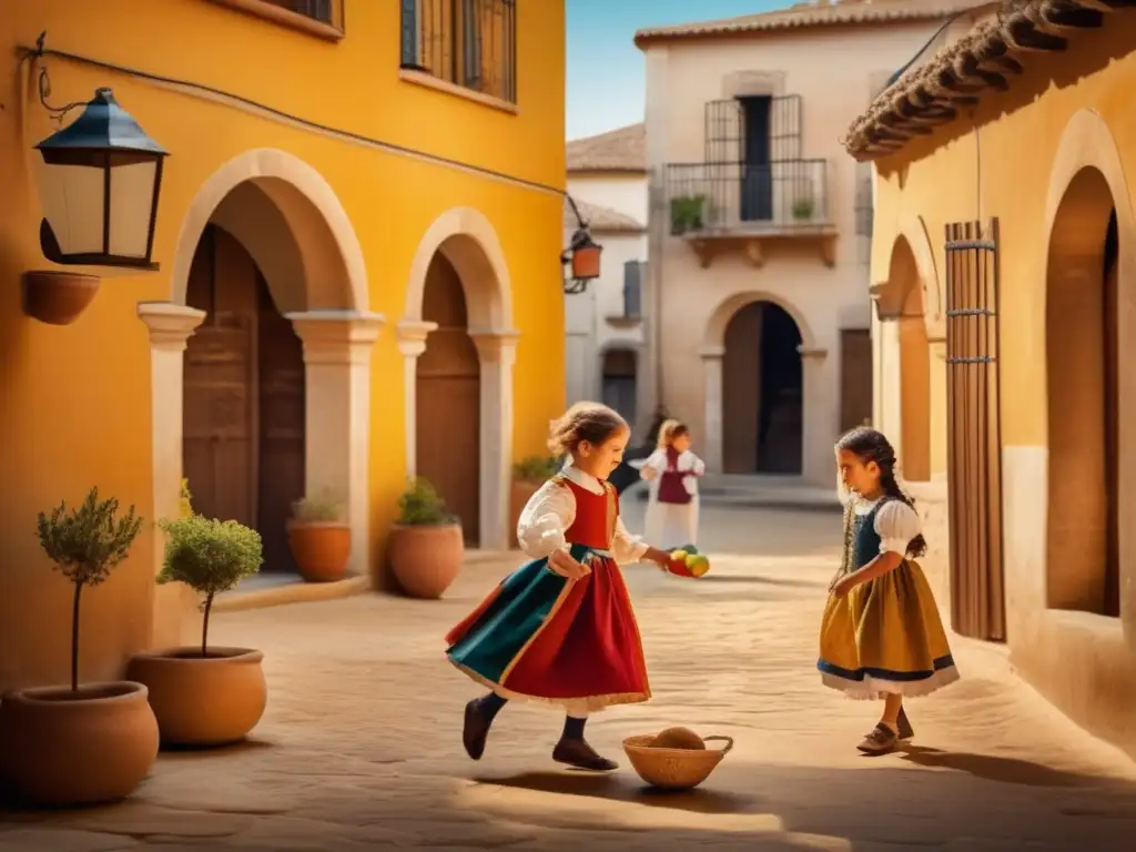 Una escena vintage de niños jugando en un patio soleado, evocando la obra de Velázquez.