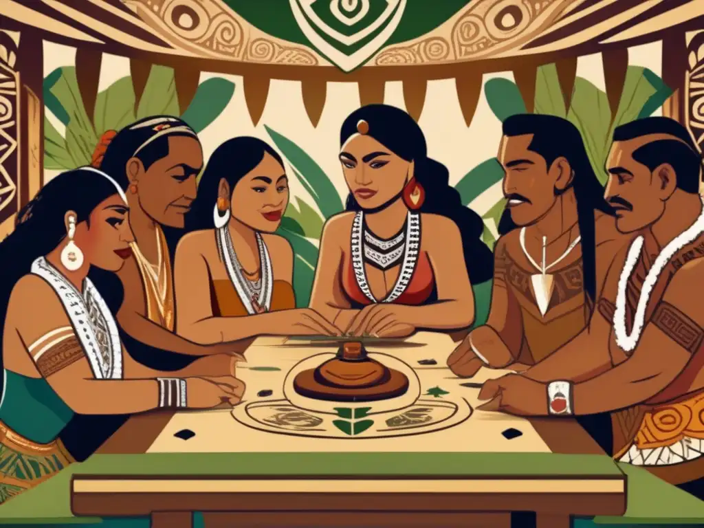 Un escenario maorí histórico con juegos de azar y un fuerte impacto social, se ve a través de ilustraciones detalladas y cálidos tonos terrosos.