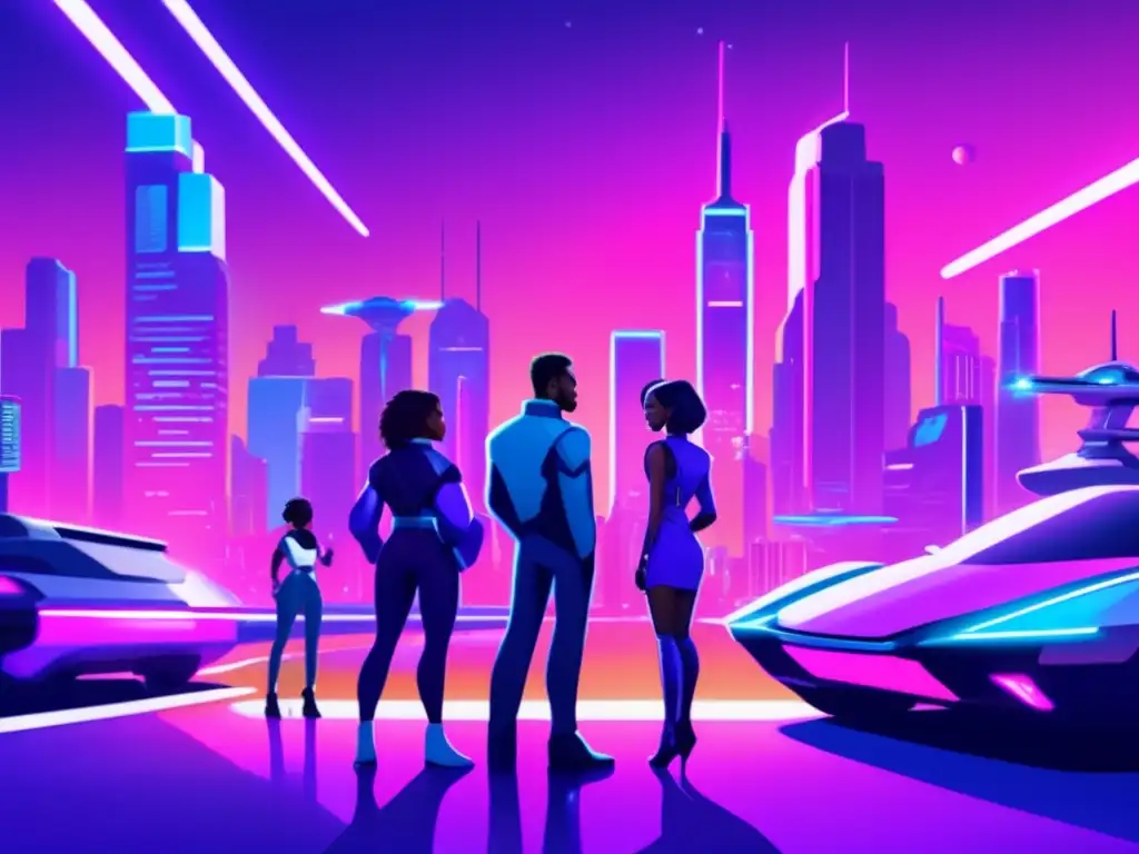 Un escenario retro futurista con rascacielos, tecnología y personajes con atuendos de ciencia ficción, evocando la influencia de Mass Effect.