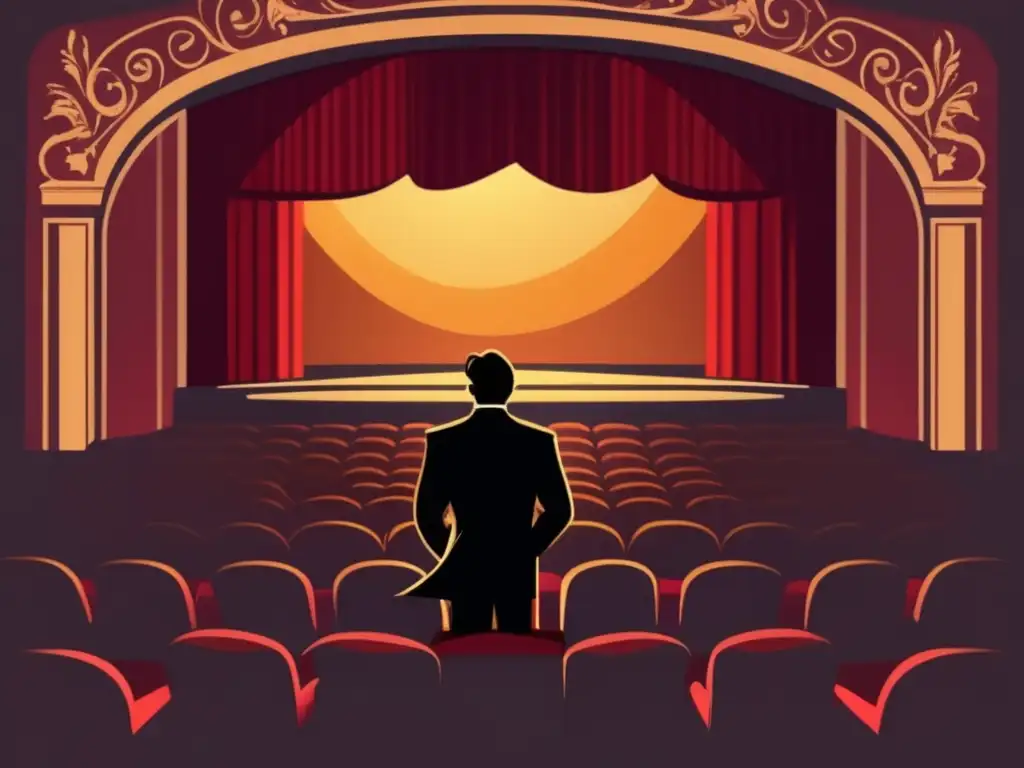 Un escenario teatral vintage iluminado, con una figura solitaria contemplativa, evocando técnicas dramatúrgicas en juegos narrativos.