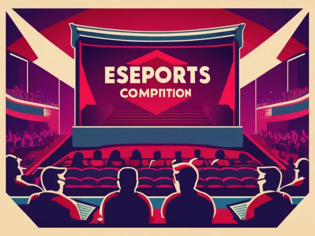 Un escenario teatral vintage muestra una intensa competencia de eSports, fusionando tradición y modernidad. <b>Influencia cultural de los eSports.