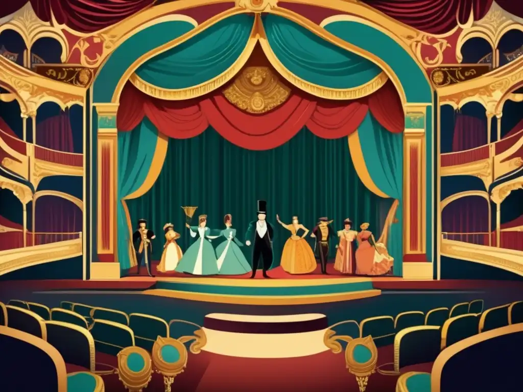 Un escenario teatral vintage con personajes vestidos lujosamente y detallados, evocando la estética visual de avatares en juegos y trajes teatrales.