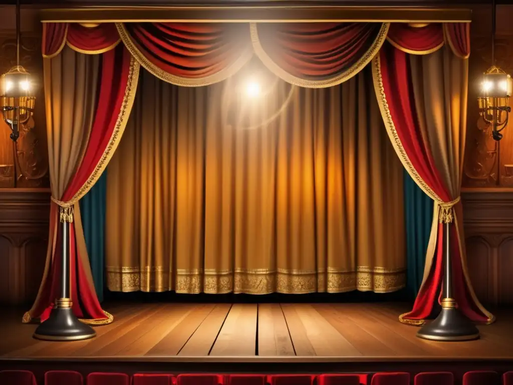 Un escenario de teatro vintage detallado, con cortinas ornamentadas, accesorios de madera y una iluminación dramática, evocando elegancia teatral. <b>Brilla en tonos dorados cálidos, creando sombras que añaden profundidad.</b> Las máscaras clásicas y un micrófono antiguo