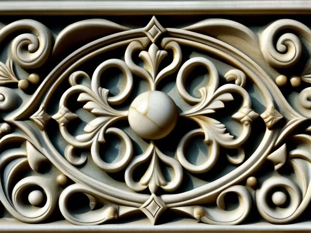 Una escultura barroca detallada en mármol muestra intrincados diseños en forma de rompecabezas, resaltando el significado de los juegos de ingenio en el arte barroco.