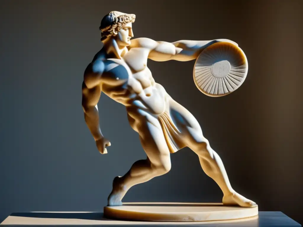 Escultura clásica de atleta griego en pleno lanzamiento de disco, con detalles realistas y juego de luces. Interpretaciones modernas juegos escultura clásica