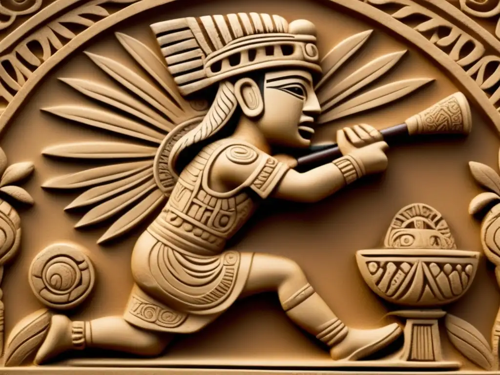 Escultura detallada de jugador de juegos de pelota mesoamericanos en sepia, mostrando su ritualidad y determinación.