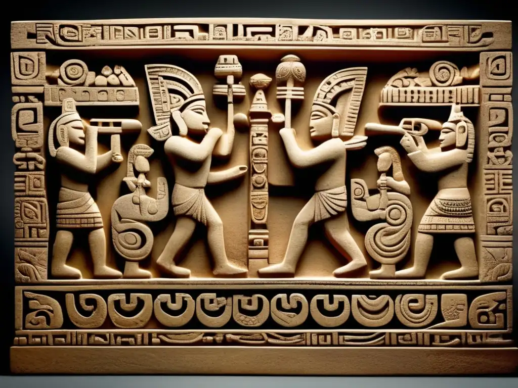 Una escultura mesoamericana detallada y vintage muestra simbolismo de juegos precolombinos en tonos terrosos y textura de piedra envejecida.