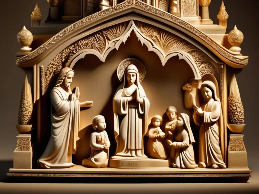 Una escultura religiosa vintage detallada, bañada en cálida luz, evocando el impacto cultural de los juegos religiosos.