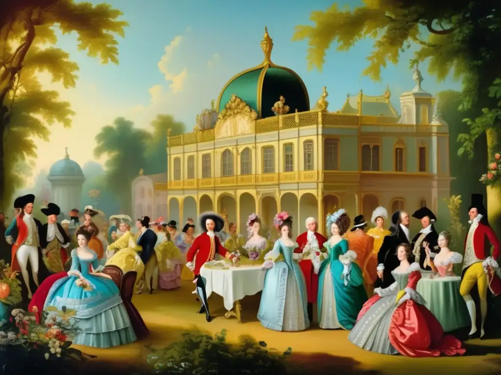 Espléndida pintura Rococó que retrata escenas lúdicas en un jardín opulento, con nobles elegantes disfrutando de actividades sociales.