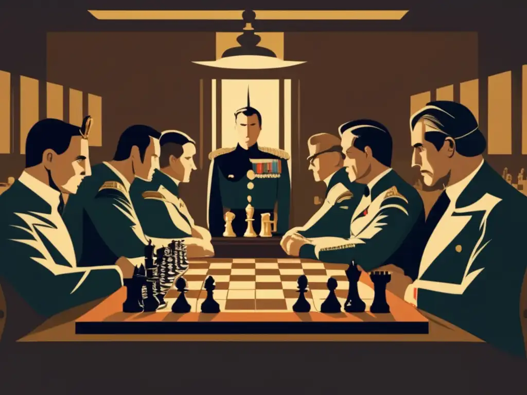 Estrategas militares analizan un tablero de ajedrez en una sala de guerra antigua, evocando el impacto cultural del ajedrez en la guerra.