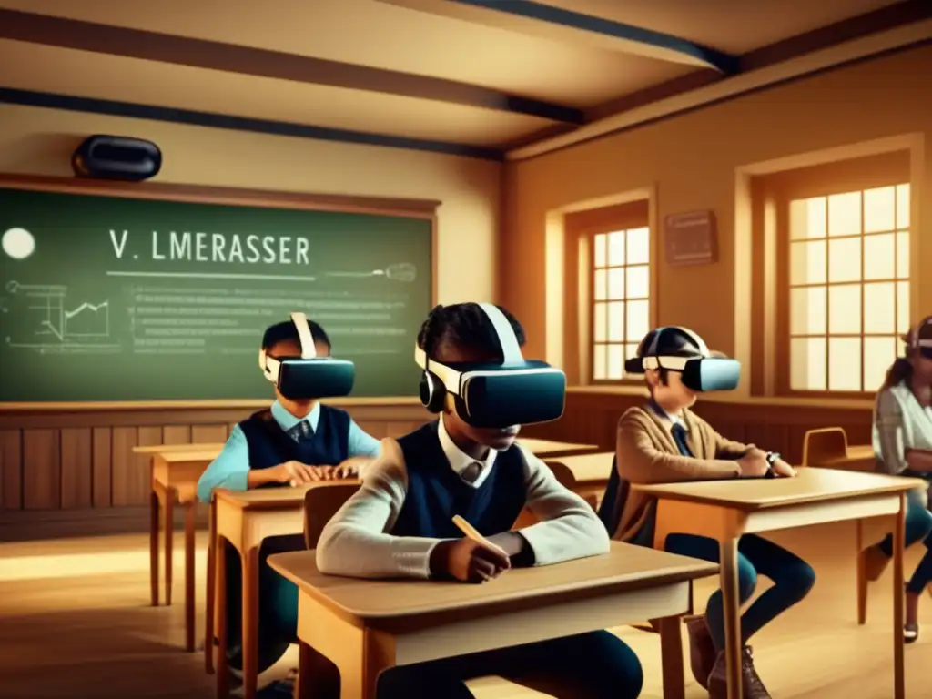 Estudiantes en un aula vintage usando auriculares de realidad virtual para una experiencia educativa inmersiva. <b>La combinación de elementos tradicionales y tecnología futurista evoca nostalgia e innovación.</b> <b>Realidad virtual en educación.