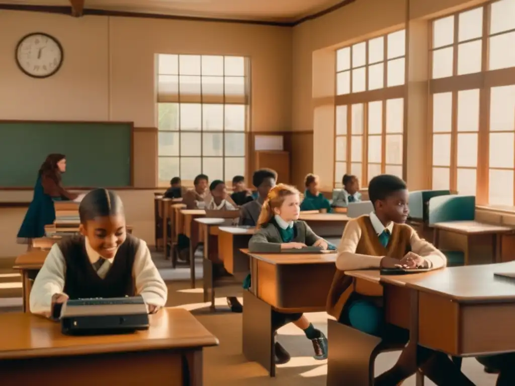 Estudiantes en secundaria disfrutan de videojuegos educativos en un aula vintage, bajo cálida luz natural, con computadoras retro y atuendo noventero.