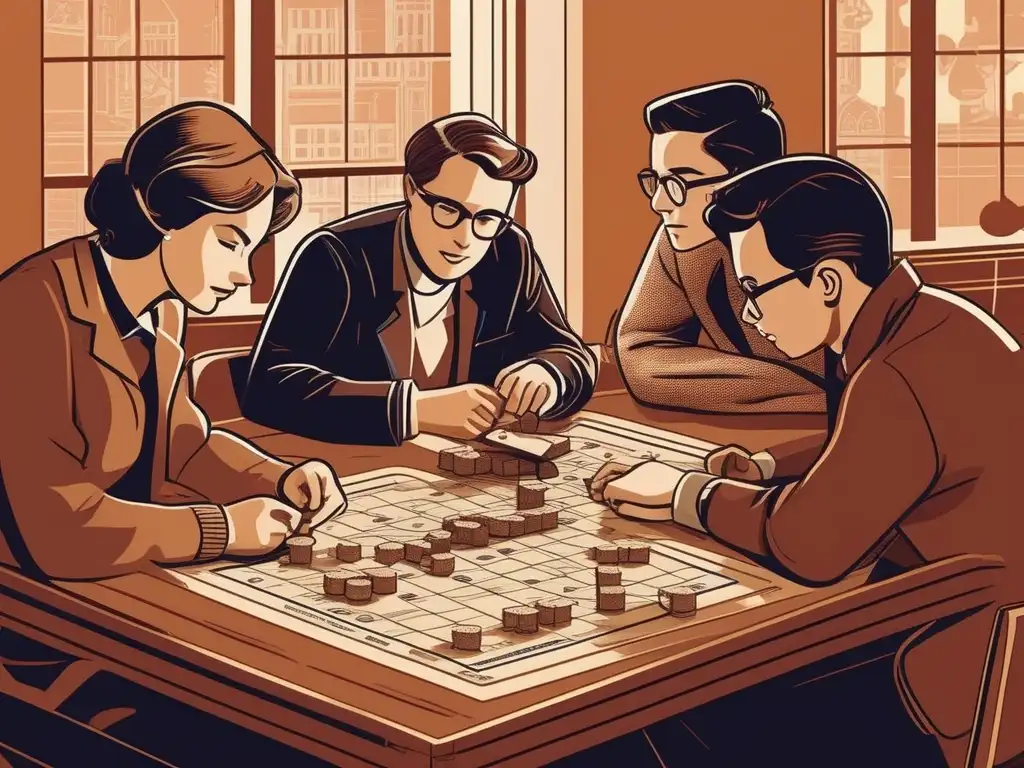Estudiantes universitarios disfrutan de un juego de mesa con fórmulas matemáticas. La ilustración vintage evoca la importancia de los juegos en educación superior.
