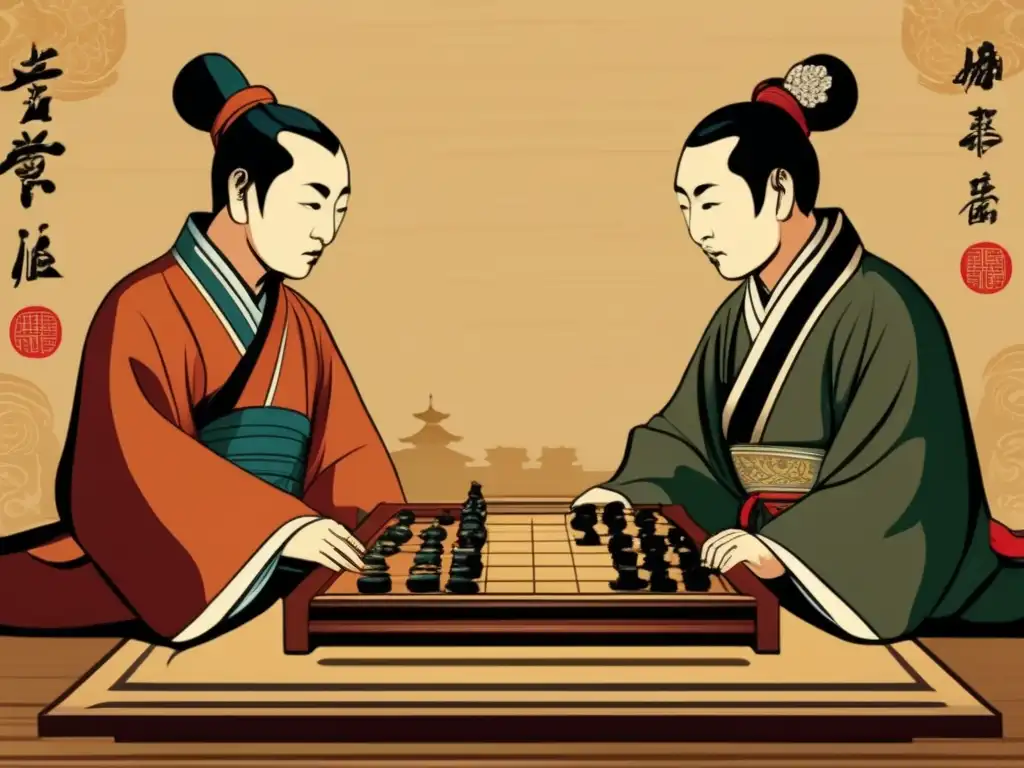 Dos estudiosos concentrados en una partida de Xiangqi en un tablero chino tradicional, evocando la importancia estratégica del ajedrez chino.