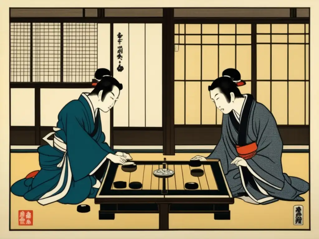 Dos estudiosos juegan Go en una habitación tradicional japonesa, con un jardín sereno de fondo. Detalles de un grabado en madera capturan la influencia cultural del Go oriental, evocando historia y tradición.