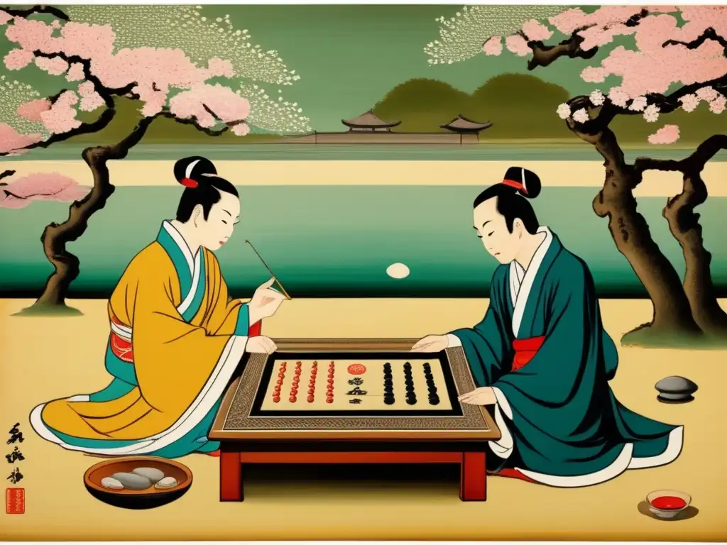 Dos estudiosos juegan Go en un tranquilo jardín con onlookers vestidos tradicionalmente. <b>La escena evoca la historia y el impacto cultural del Go.