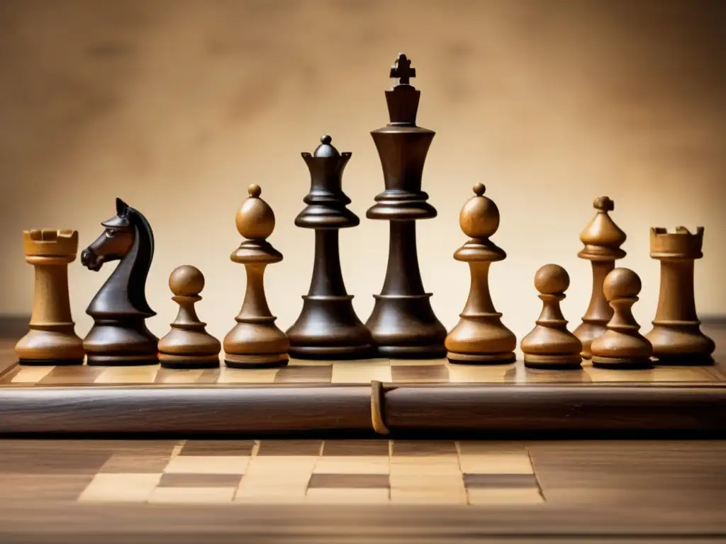 Un evocador juego de ajedrez vintage con piezas de madera envejecida y tablero desgastado, resaltando el impacto cultural de los juegos estratégicos.