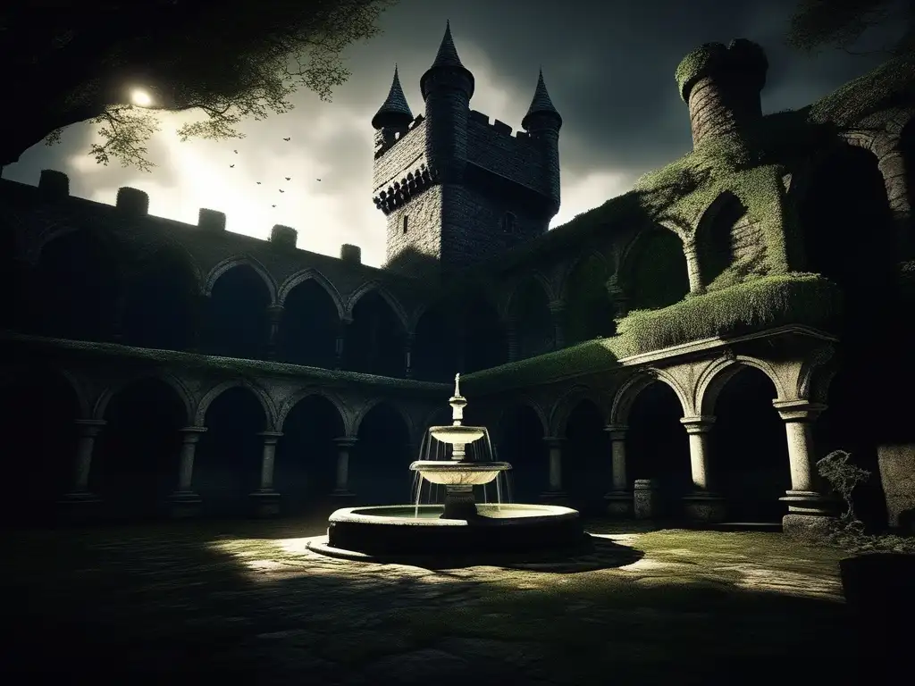 Un evocador y misterioso patio de un castillo olvidado y cubierto de musgo en Dark Souls, con sombras fantasmales bajo la luz de la luna. <b>Narrativa misteriosa Dark Souls.